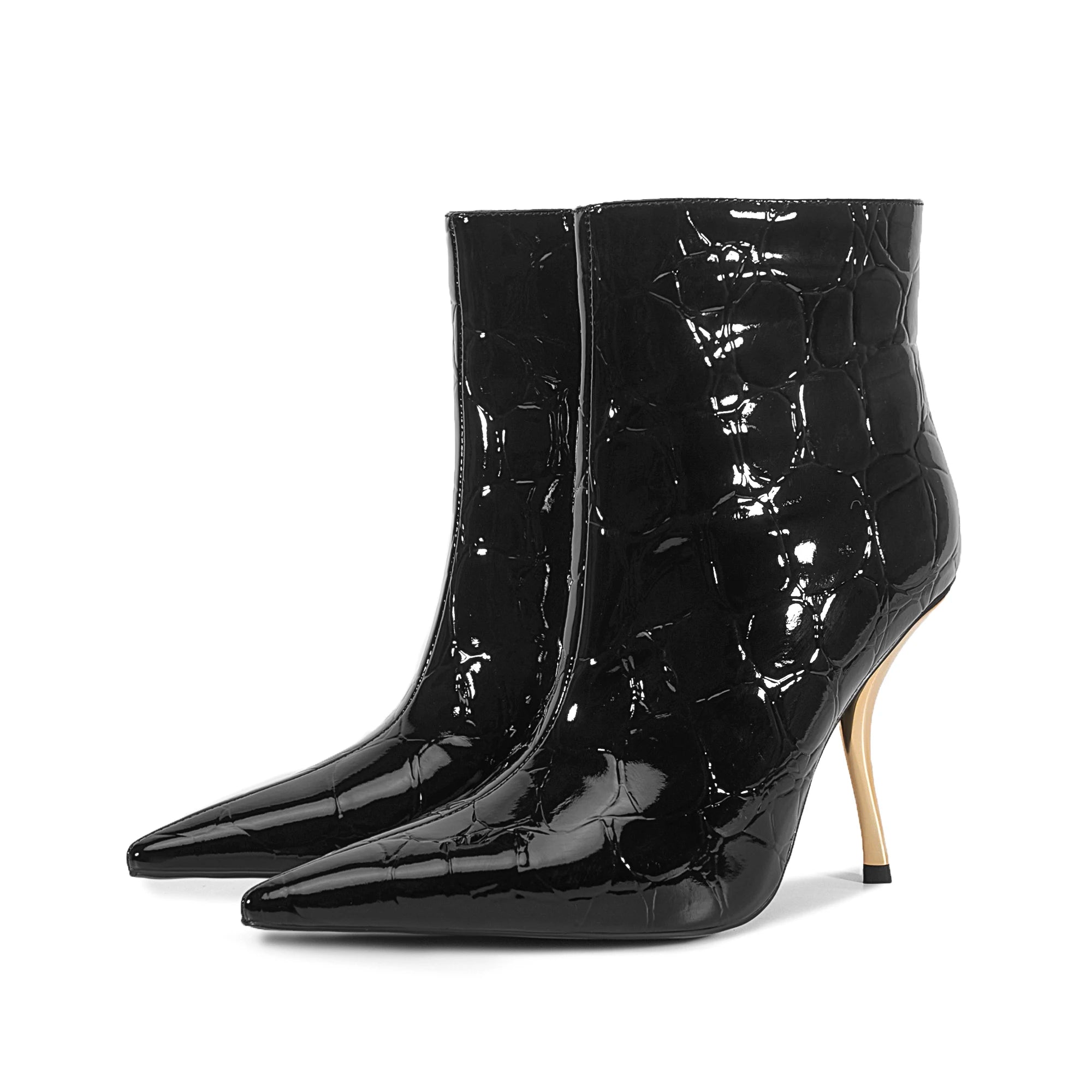 2025European AndAmerican Women's Autumn Andwinter New Style Metal High Heels,advanced Stonepattern Sidezipper Pointed Shortboots