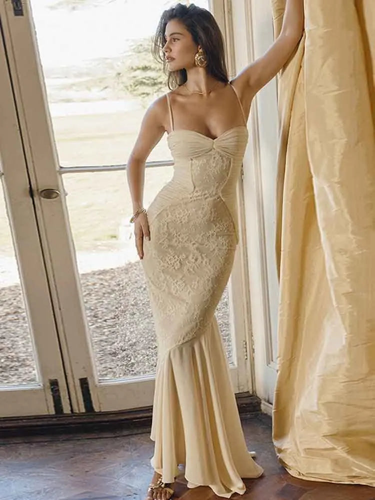 NIDANSSI Lace Print Ruffle Backless Holiday Casual Dress Women 2024 Elegant Sexy Dress Bodycon Midi Long Summer Dress Vestidos