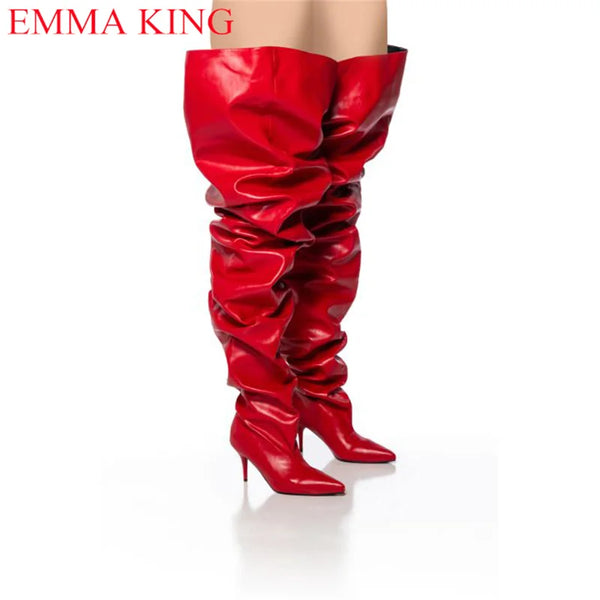 Fall Red Pleated Womens Thigh High Boots Sexy Ladies Party Shoes Over The Knee Boots 2023 High Heels Chaps Long Boots Woman 2023 Wofashion.xyz