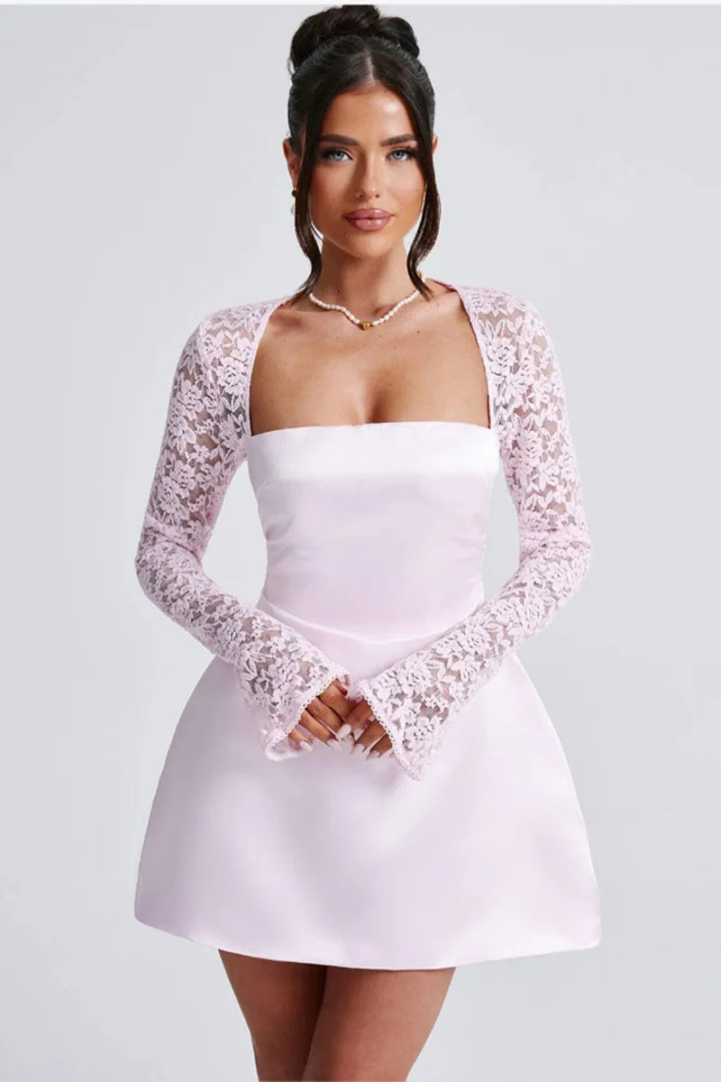 NIDANSSI White Satin Lace Glitter Evening Party Dress Women Backless Robes Elegant Sexy Dress Bodycon Mini Winter Dress Vestidos