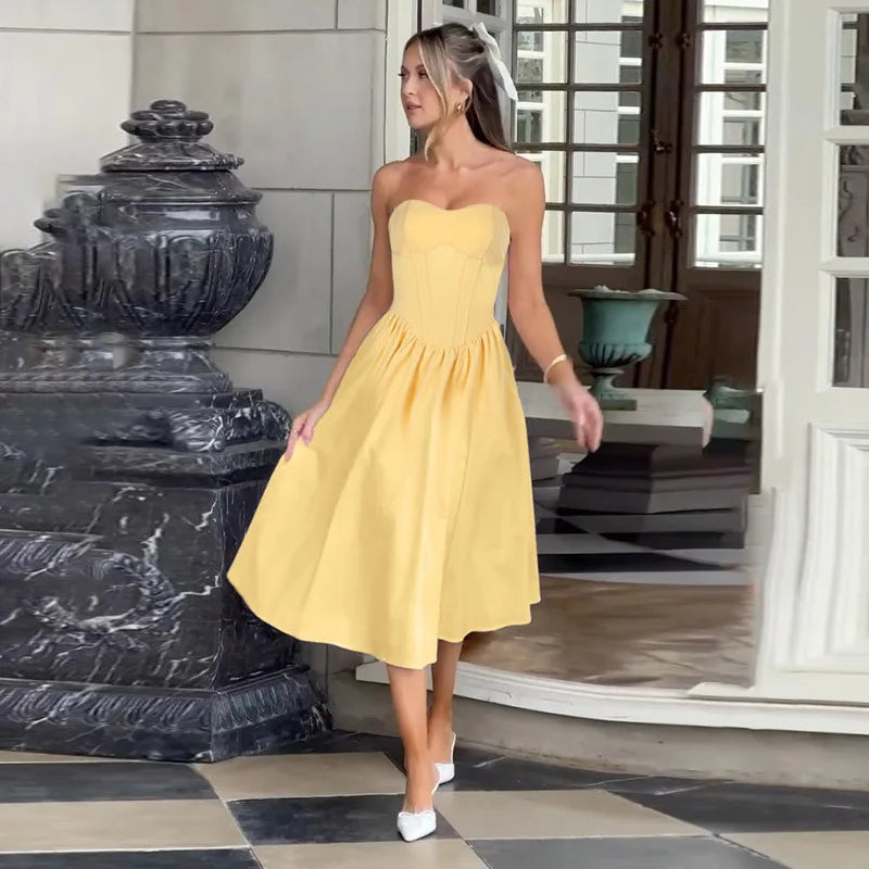 NIDANSSI Yellow Strapless Backless Evening Party Dress Women Pleated Bodycon Elegant Sexy Dress Midi Long Summer Dress Vestidos