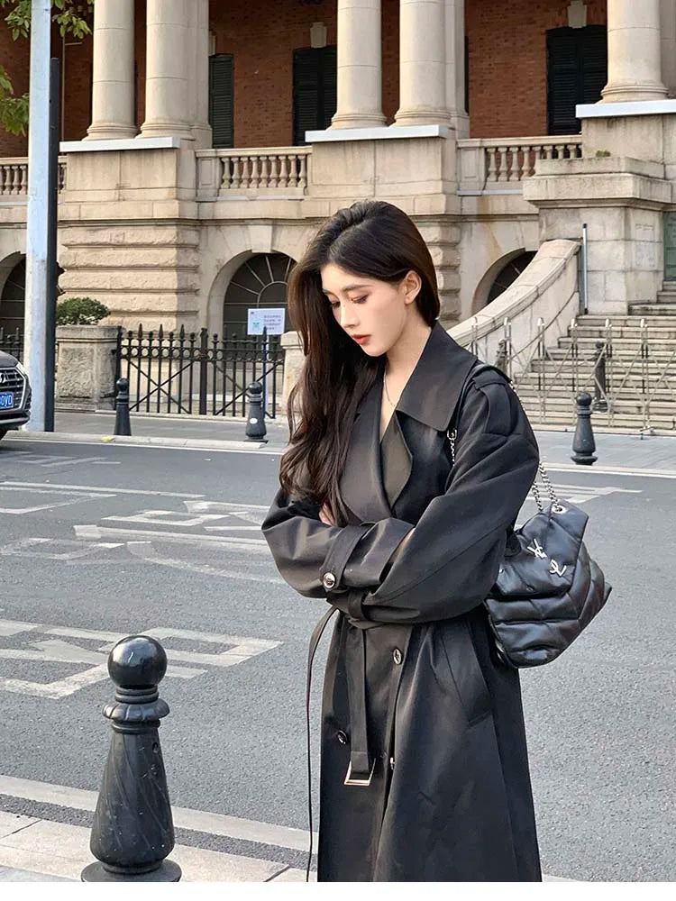 Lautaro Spring Autumn Long Black Hard Waterproof Trench Coat for Women Belt Double Breasted High Quality Luxury Overcoat 2024