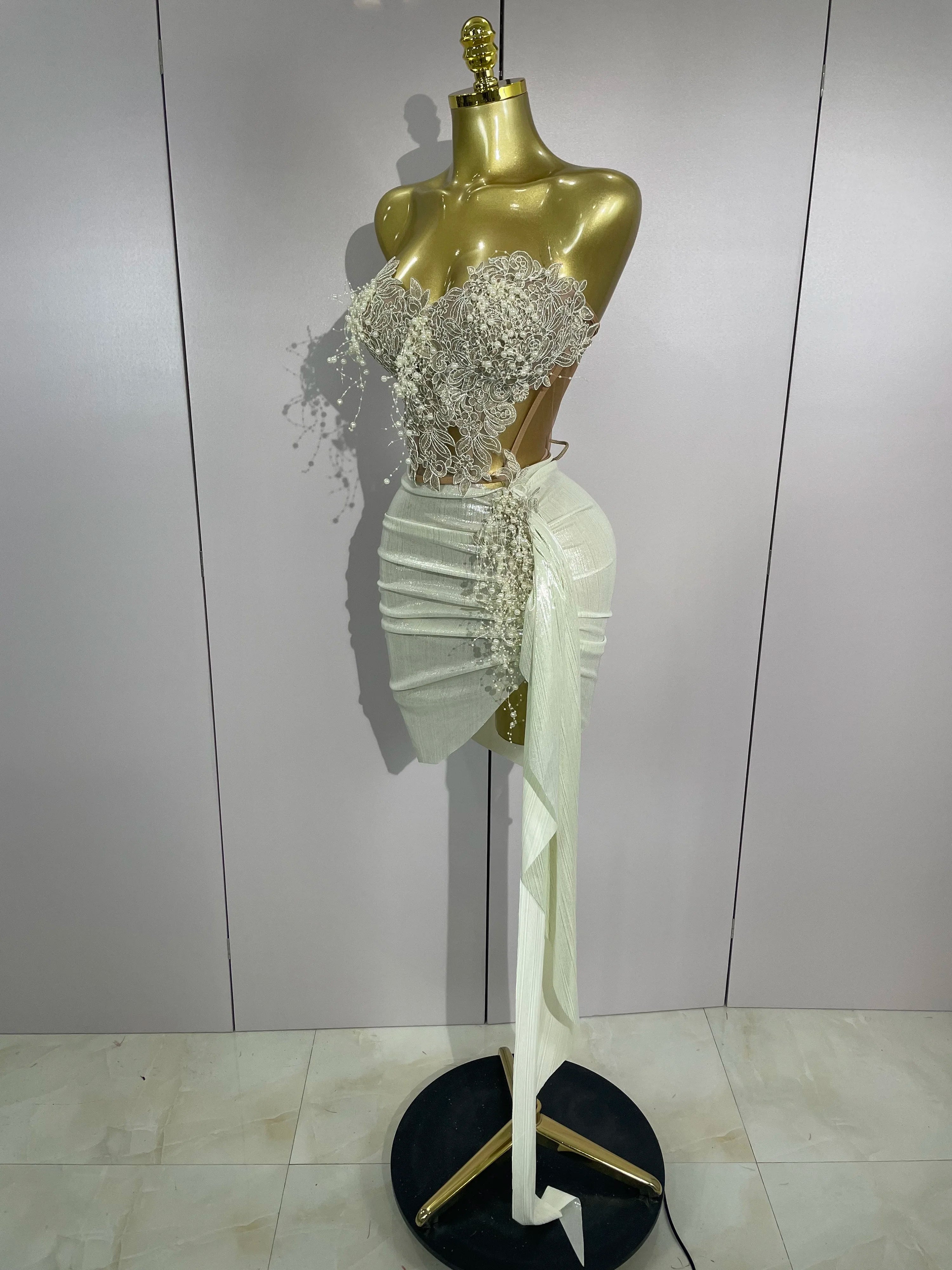 STOCK Luxury Shining Pearls Sexy Asymmetrical Skirt 2 PCS Set 2025 Women Evening Birthday Party Stage Dancer Performance Costume