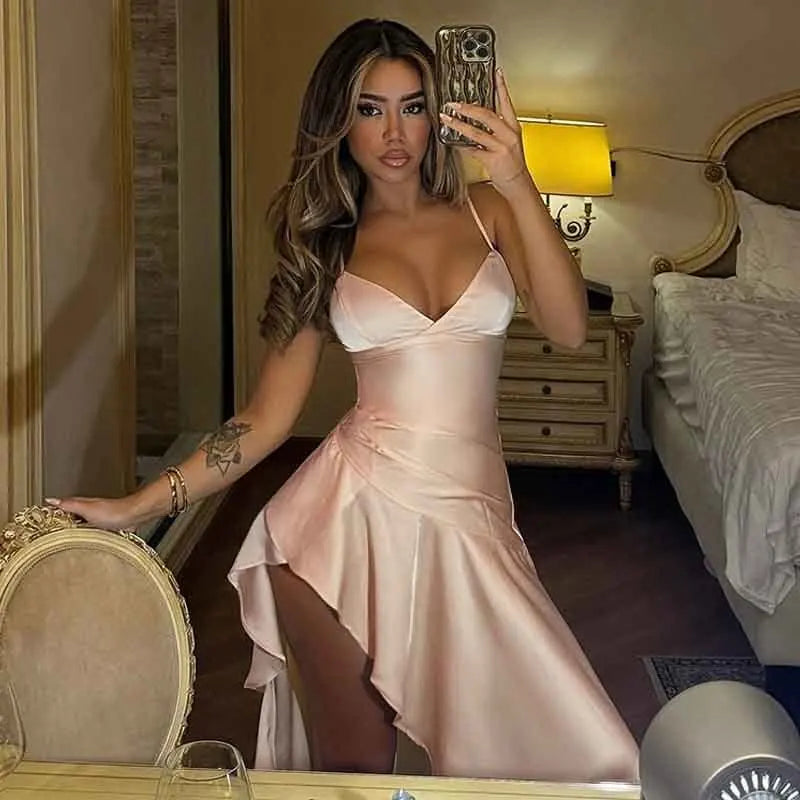 NIDANSSI Satin Ruffle Slim Backless Evening Party Dress Women Robes Bodycon Elegant Sexy Dress Midi Long Summer Dress Vestidos Wofashion.xyz