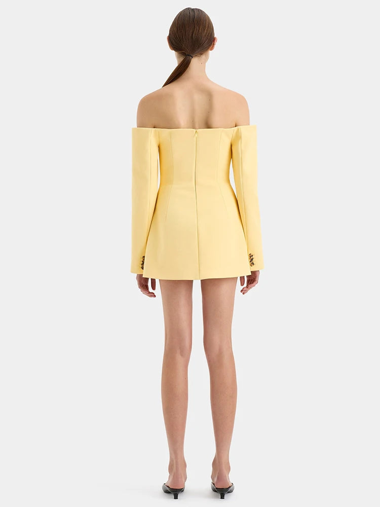 Mozision Off-shoulder Strapless Sexy Blazer Dress For Women Fashion Solid Zipper Two Pocket Long Sleeve Backless Mini Dress