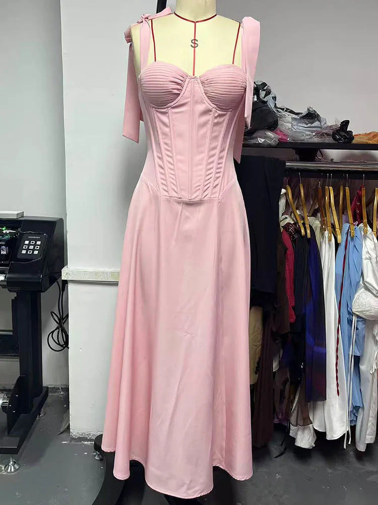 Mozision Pink Chiffon Tie Strap Sexy Midi Dress Women Pink Spaghetti Strap Sleeveless Backless Lace-up A-line Club Party Dress