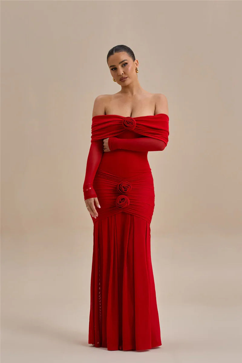 Mozision Off-shoulder Strapless Rose Sexy Maxi Dress For Women Fashion Long Sleeve Backless Ruched Bodycon Club Party Dress