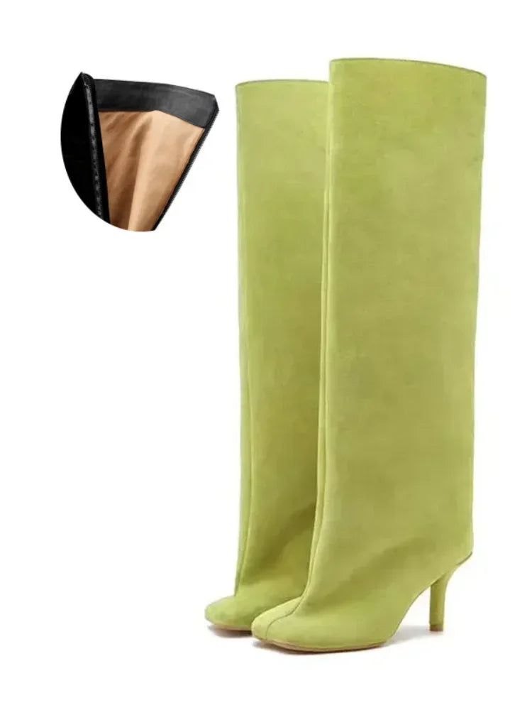 2024 European and American Fashion Stiletto Heels Wide Leg Knee Sleeve Boots Women's Square Head Suede Warm Boots