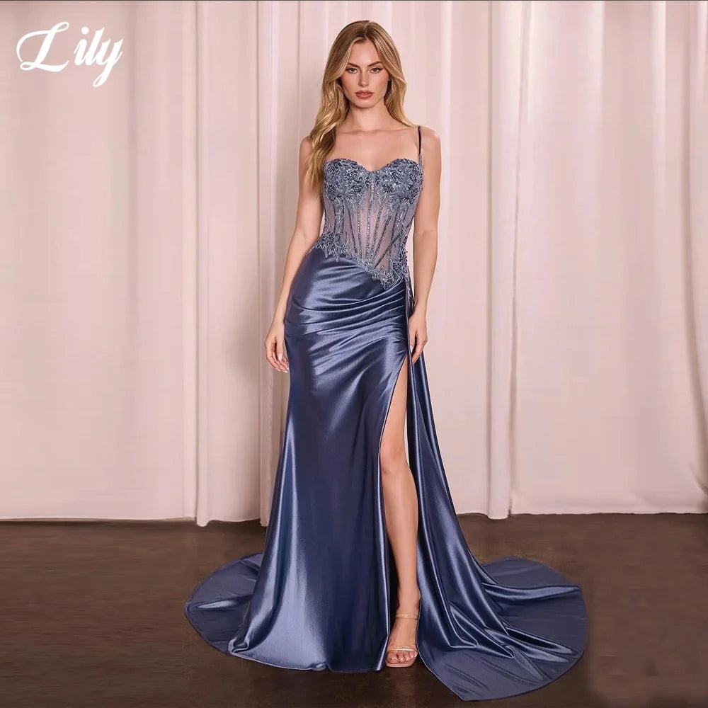 Lily Blue Charming Prom Dress Lace Appliques Sweetheart Prom Gown High Side Split Mermaid Evening Dresses robe soirée Customized Wofashion.xyz