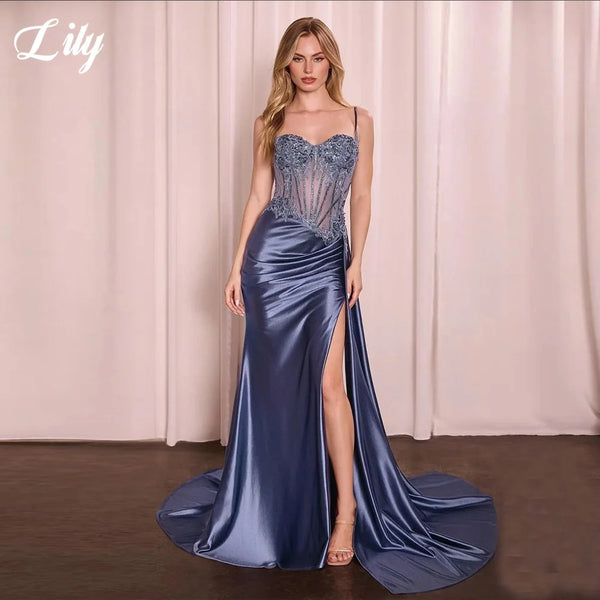 Lily Blue Charming Prom Dress Lace Appliques Sweetheart Prom Gown High Side Split Mermaid Evening Dresses robe soirée Customized Wofashion.xyz