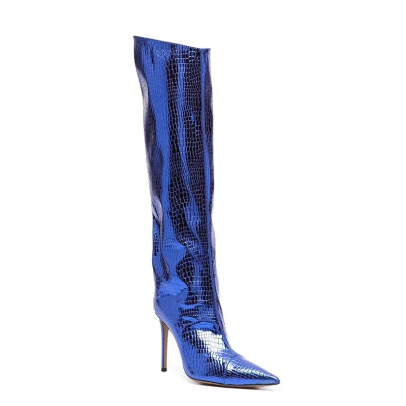 2022 Women's New Stone Print Boots Sexy Runway Stiletto Pointed Toe Women's High Boots 10cm High Heel Side Zip Women's Boots