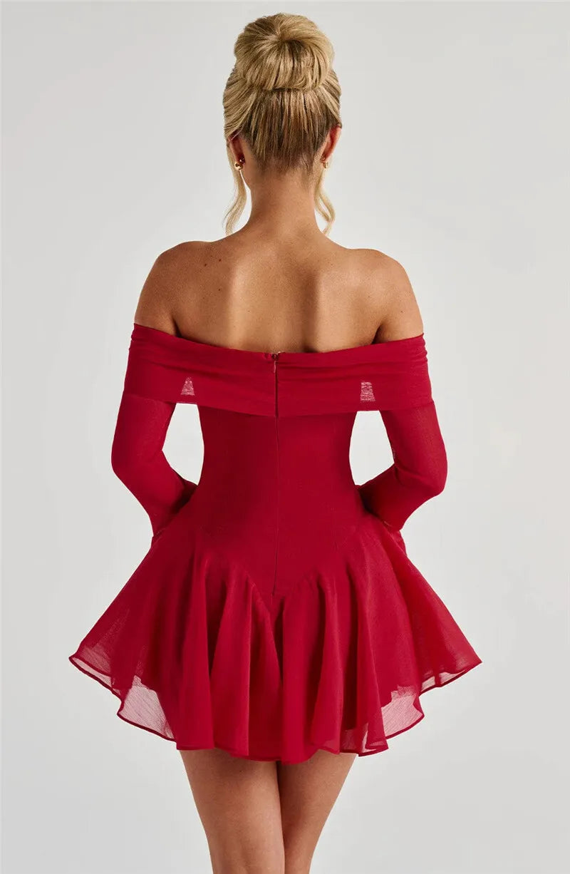 Mozision Strapless Long Flare Sleeve Sexy Mini Dress For Women Robe Off-shoulder Backless High Waist A-line Club Party Dress