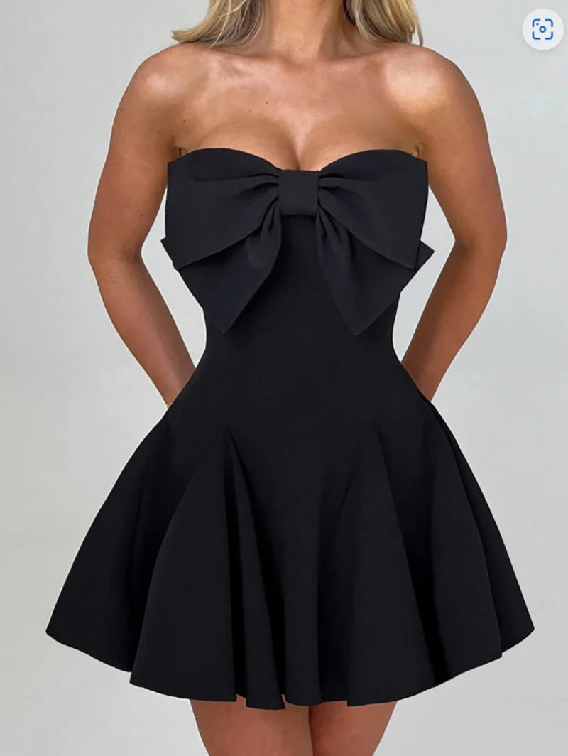 Mozision Bow Strapless Backless Sexy Mini Dress For Women Robe Fashion Solid Off-shoulder Sleeveless A-line Club Dress Vestido