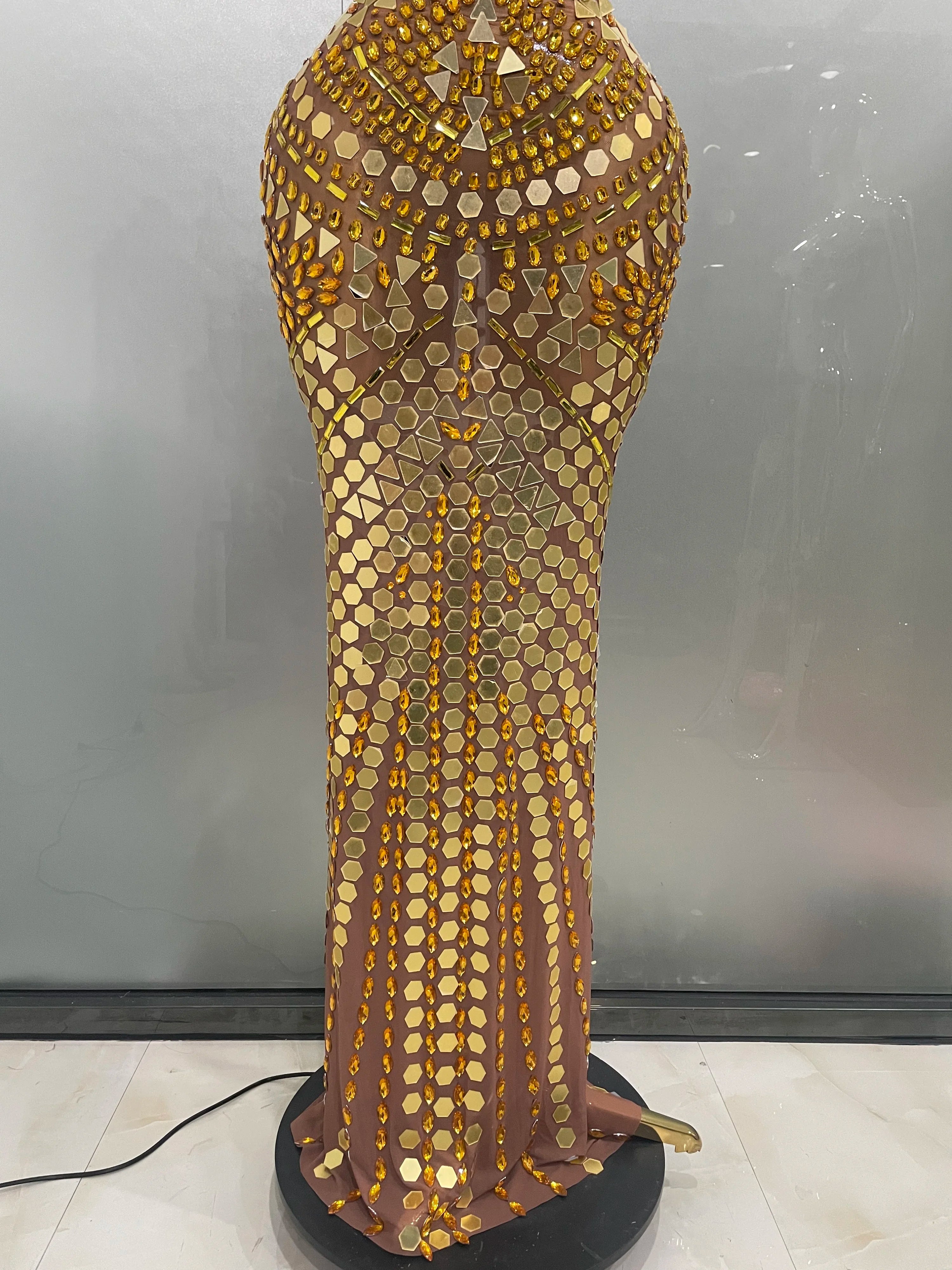 Luxury Shiny Mirror Rhinestones Hollowed-out Long Dress 2025Women Celebrity Evening Party Catwalk Prom Stage Photo Shoot Dresses