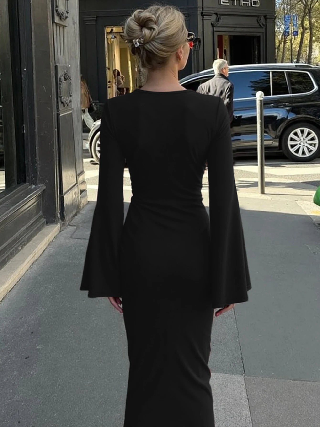 Dulzura Autumn Fashion Elegant O-Neck Long Flare Sleeve Ruched Slim Fit Ribbon Long Dress Women'S Solid Casual Party Club Outfit