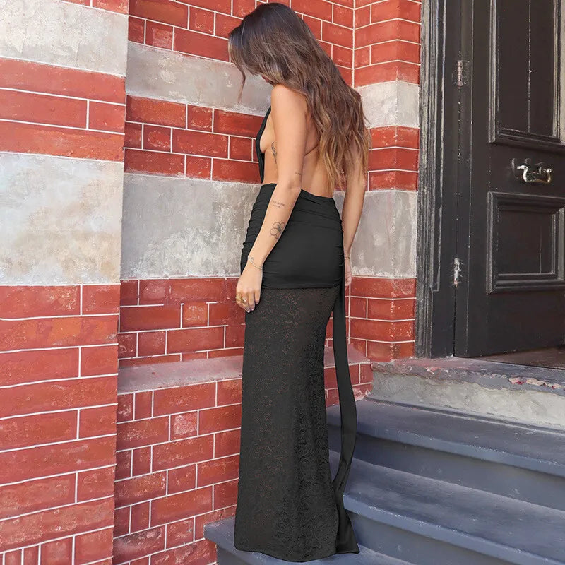 Mozision Halter Deep V Neck Sexy Maxi Dress For Women Elegant Fashion Lace Sleeveless Backless Ruched Bodycon Club Long Dress