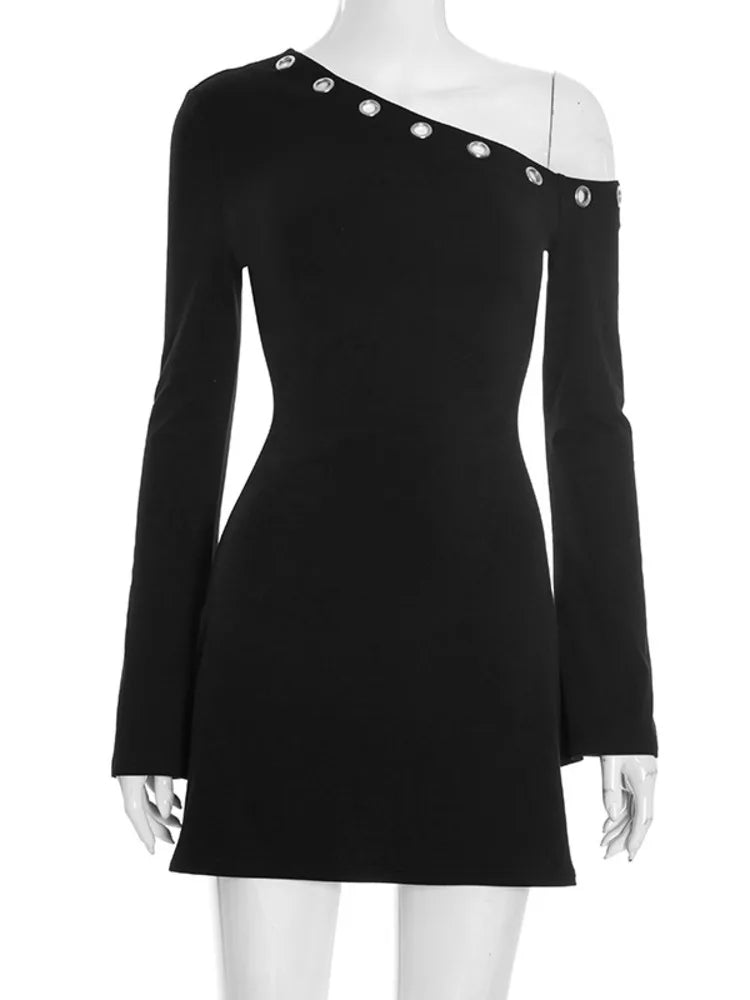 Mozision Inclined Shoulder Long Sleeve Sexy Mini Dress Women Fashion Hollow Out One Shoulder Backless Club Party Dress Female