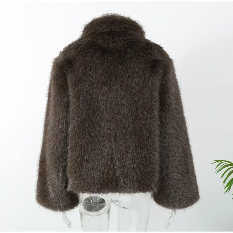 Luxury Long Faux Fur Coat Women Fashion Lapel Long Sleeve Thick Warm Loose Jacket 2025 Winter Lady Chic High Street Outerwear