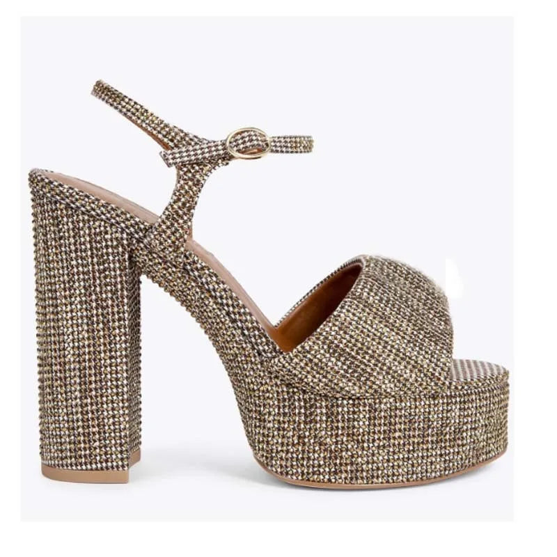 2025 Summer New Waterproof Platform Hot Diamond Thick Bottom Thick High Heels Fashion Square Head Versatile Buckle Strap Sandals