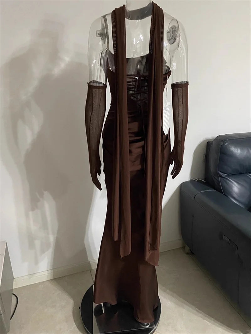 Mozision Off-shoulder Backless Sexy Maxi Dress Women Gown Elegant Scarf Collar Strapless Sleeveless Bodycon Club Party Dresses