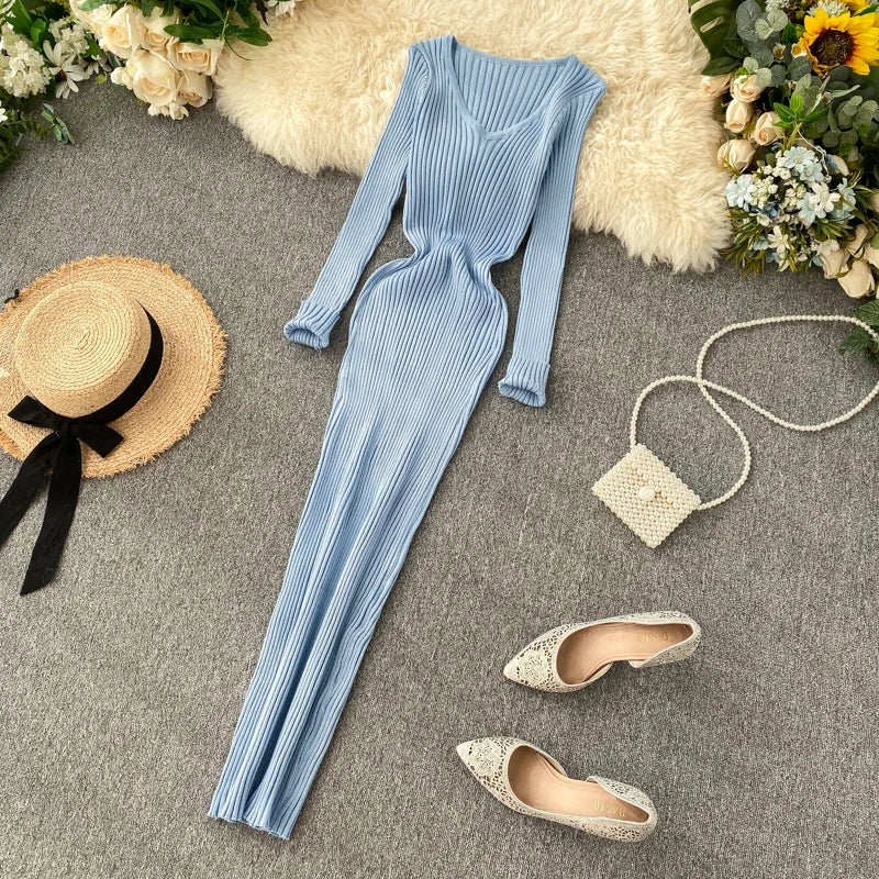 Women's Knitted Midi Dr Pure Color Long Sve Slim Fit High Waist V-Ne Korean Sle Faionable Autumn Winter Dr