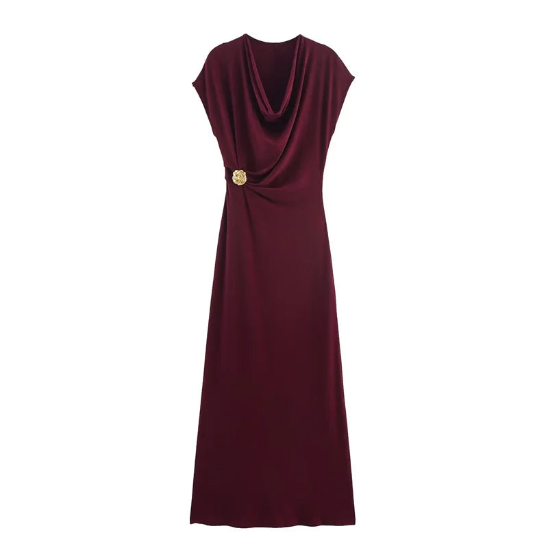 Women's Maxi Dress 2025 New Short Sleeve Pleated Gold Embellished Long Dress Female Elegant Personality Fashion Party Dresses