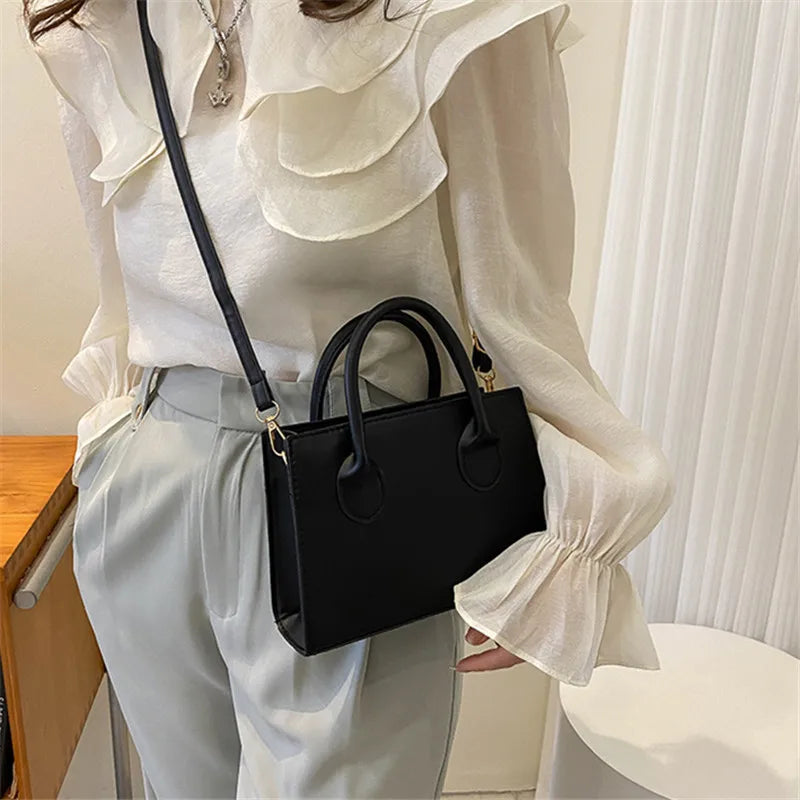 Elegant Black Handbag with Dual Handles, Chic Crossbody Bag, Retro Stylish Tote Small Bag for Women Girls Daily Use, Work, Party