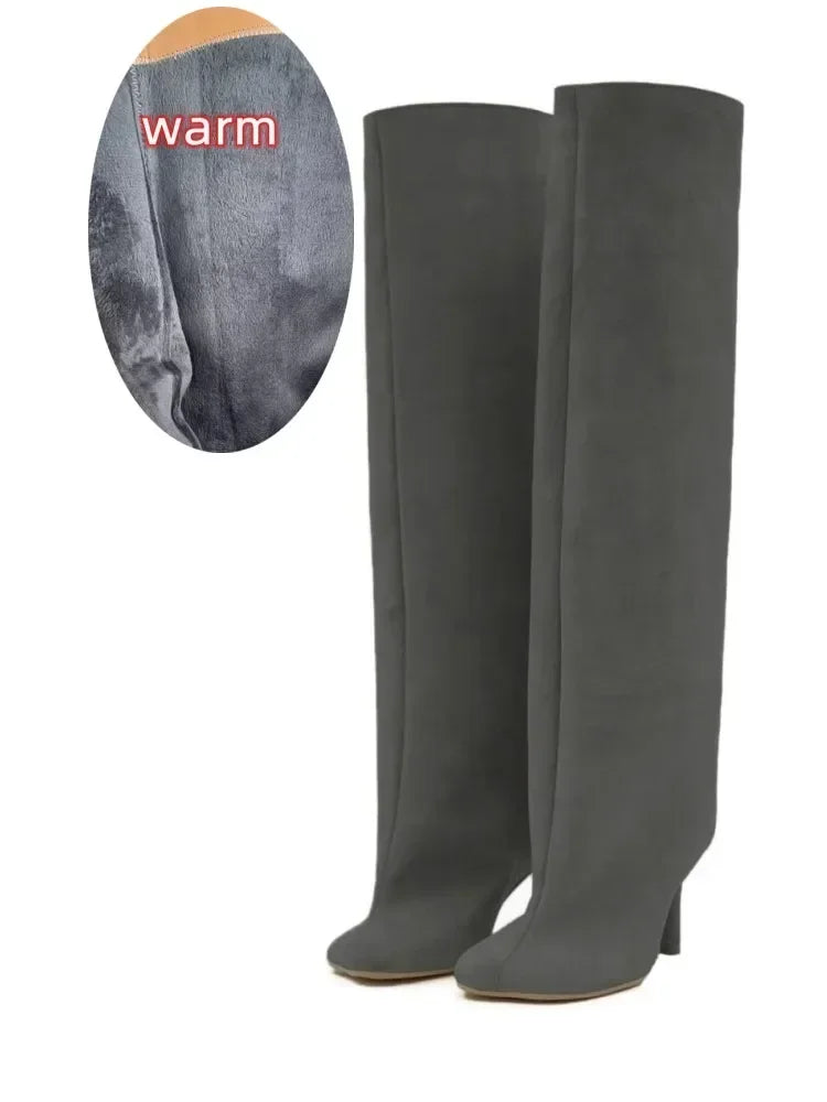 2024 European and American Fashion Stiletto Heels Wide Leg Knee Sleeve Boots Women's Square Head Suede Warm Boots