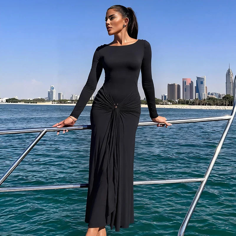 Mozision Elegant Long Sleeve Ruched Sexy Maxi Dress Women Gown Autumn Fashion Draped Bodycon Long Dresses Female Clothing