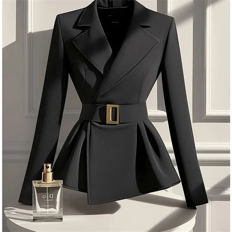 High-end Black Suit Jacket Women Elegant Slim Waist Belt Coat 2025 Autumn Winter New Irregular Hem Office Lady Outwear