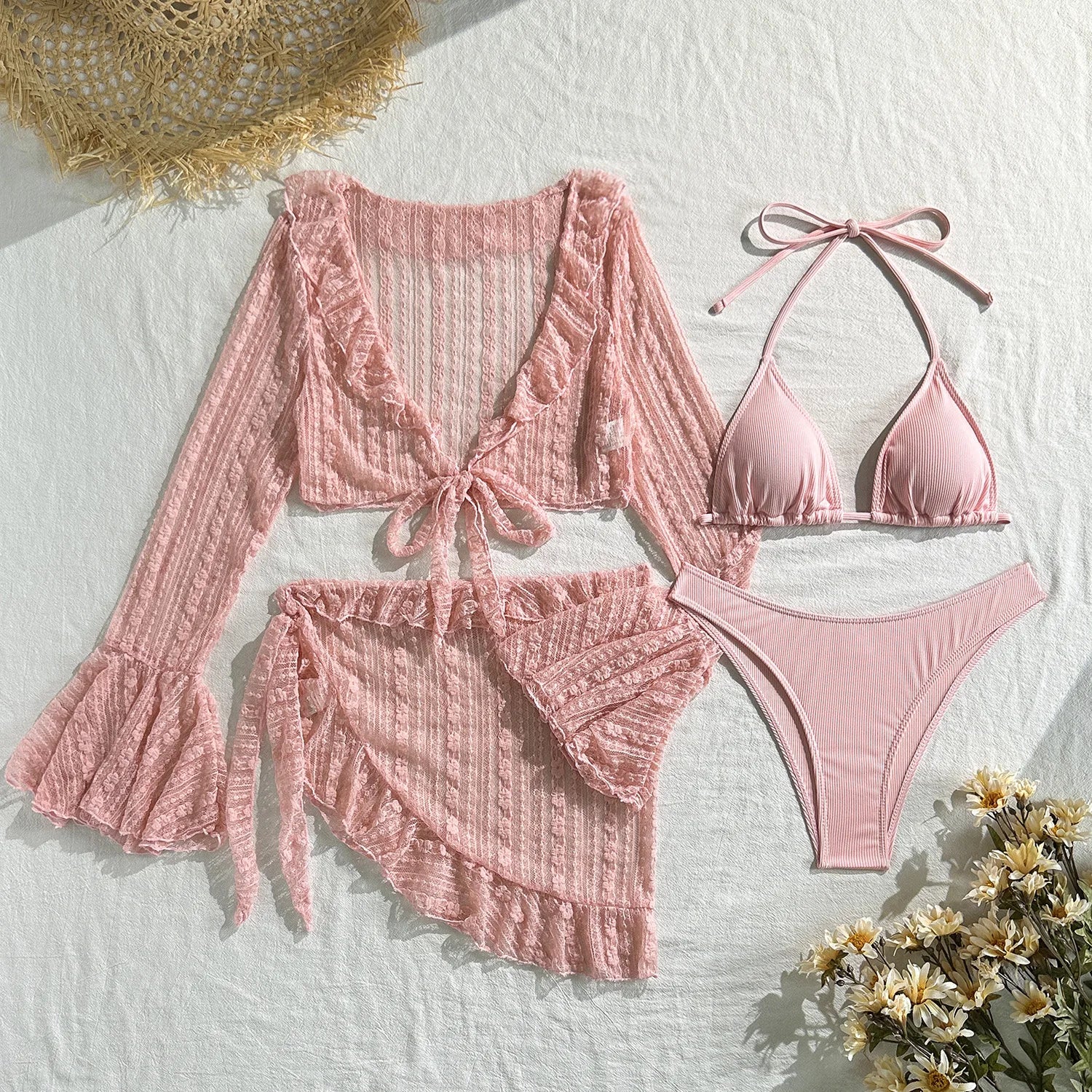 2025 new lace mesh four-piece swimsuit split bikini swimsuit