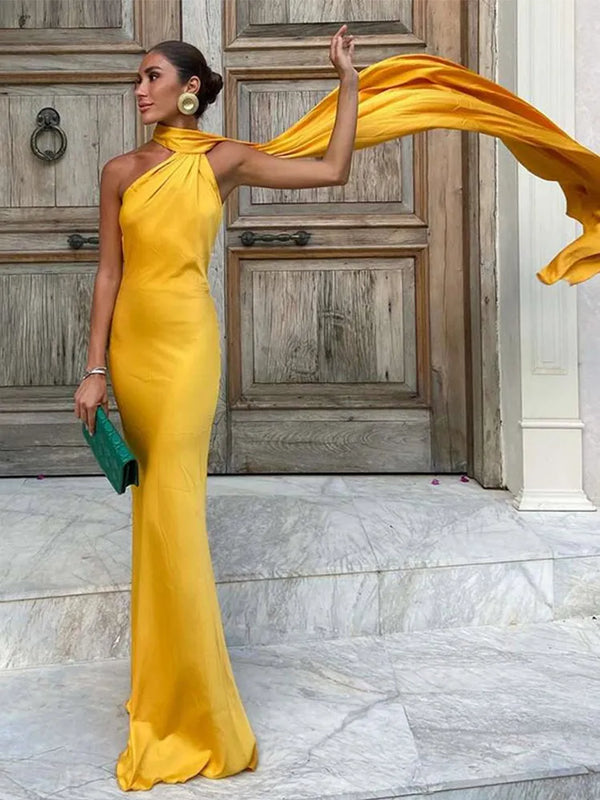 Elegant Ribbon Halter Dress Women Solid Off Shoulder Sleeveless Backless Slim Maxi Dresses 2025 Summer Autumn Party Robes Lady Wofashion.xyz