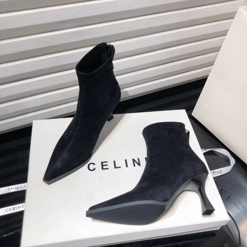 Autumn Women's High Heel Leopard Print Ankle Boots New Winter Pointed Head Thin Heel Chelsea Boots for Shoes Dress D503