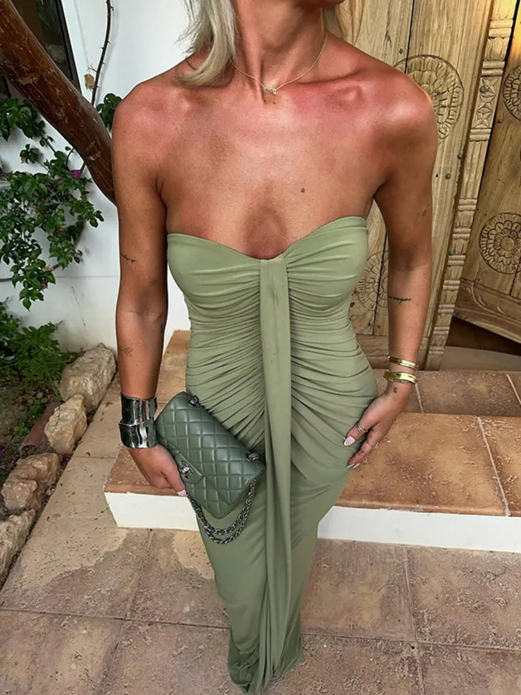 Mozision Off-shoulder Strapless Sexy Maxi Dress Women Gown Elegant Sleeveless Backless Bodycon Draped Ruched Club Party Dress Wofashion.xyz