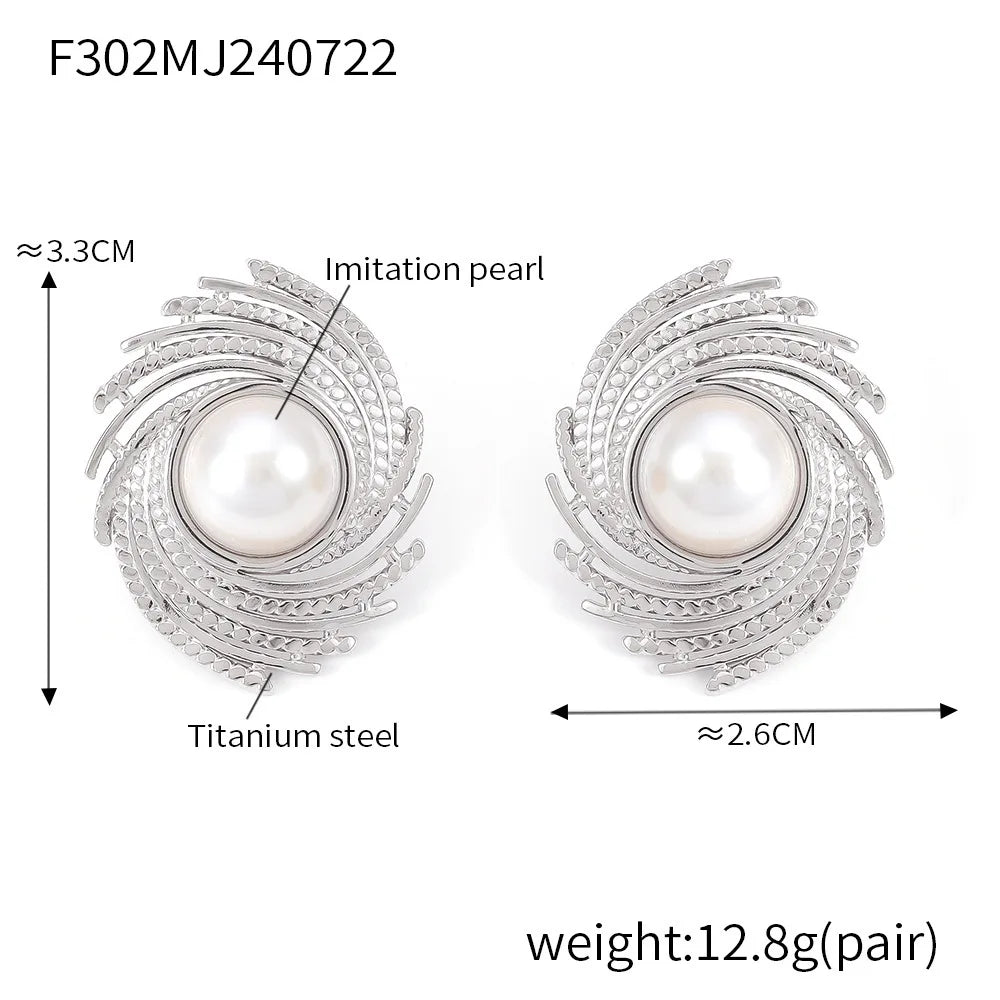 Dynamic Earrings For Women Roated Pearl Luxury Stainless Steel Vintage Gold Plated Waterproof Ear Stud Charm Jewelry Gift