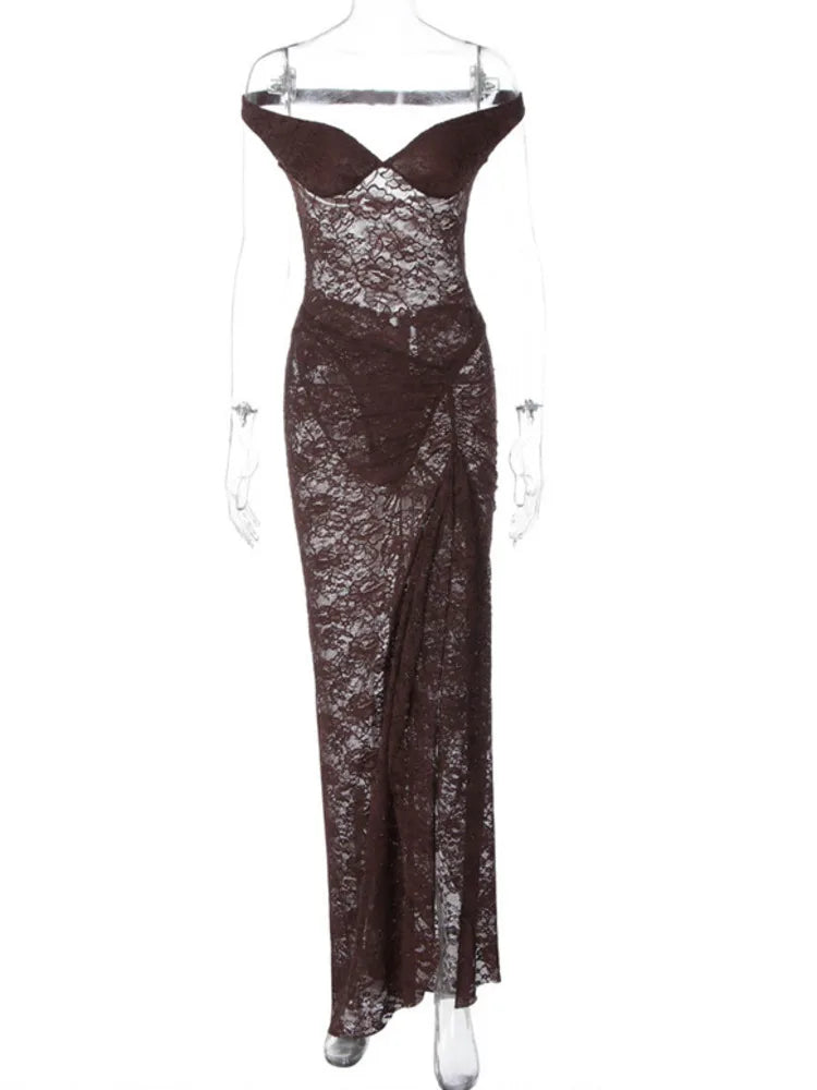 Mozision Lace See Through Sexy Two Piece Set Women Elegant Off-shoulder Backless Bodysuit And Maxi Skirt Matching Club Dress Set