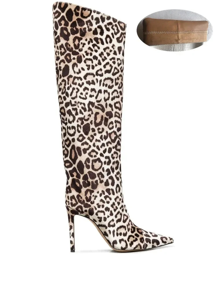 2022 Women's New Stone Print Boots Sexy Runway Stiletto Pointed Toe Women's High Boots 10cm High Heel Side Zip Women's Boots