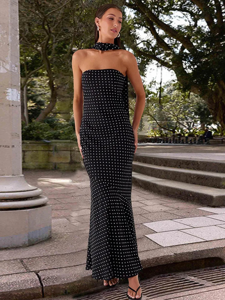 Mozision Polka Dot Strapless Sexy Maxi Dress Women Gown Elegant Scarf Collar Off-shoulder Backless Sleeveless Club Party Dress