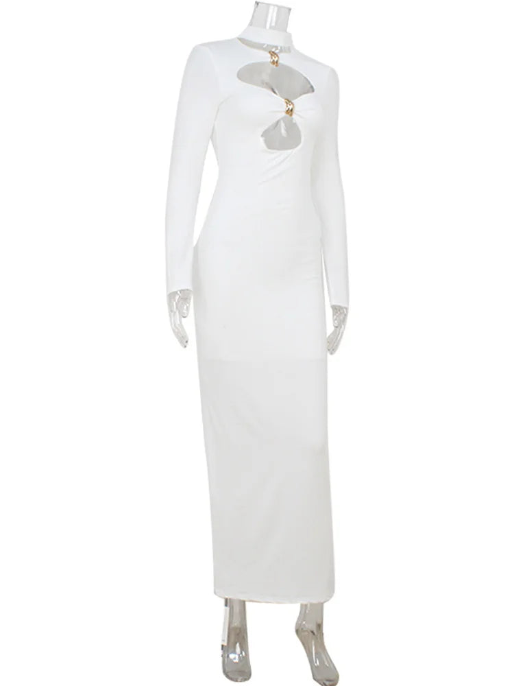 Ahagaga Fashion Women's Party Dresses Solid Hollow Out Turtleneck Regular Long Sleeve Sheath Bodycon Causal Female Vestidos Robe