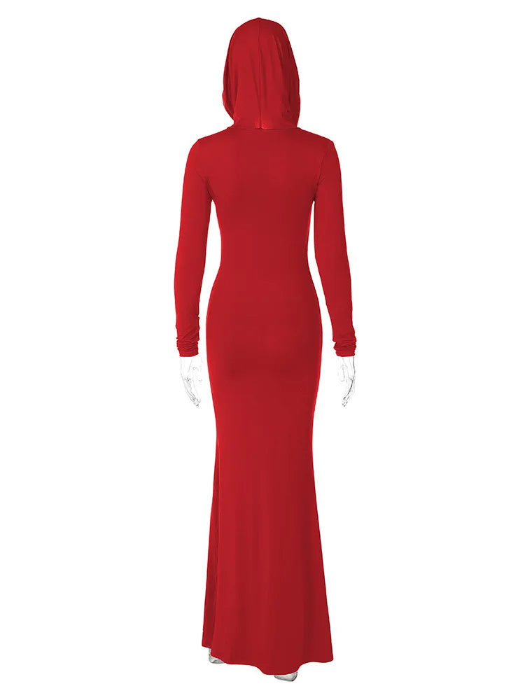 DSMTRC High Street Red Christma Hooded Long Sleeve Maxi Dress for Woman Slim Solid Bodycon Party Vestidos Elegant Autumn Dresses
