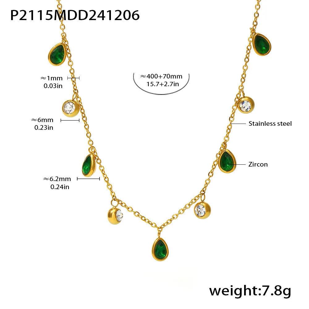 Beautiful Necklace for Women Red Green Zircon Tassel Stainless Steel Waterproof O Chain Gold Plated Charm Jewelry Gift