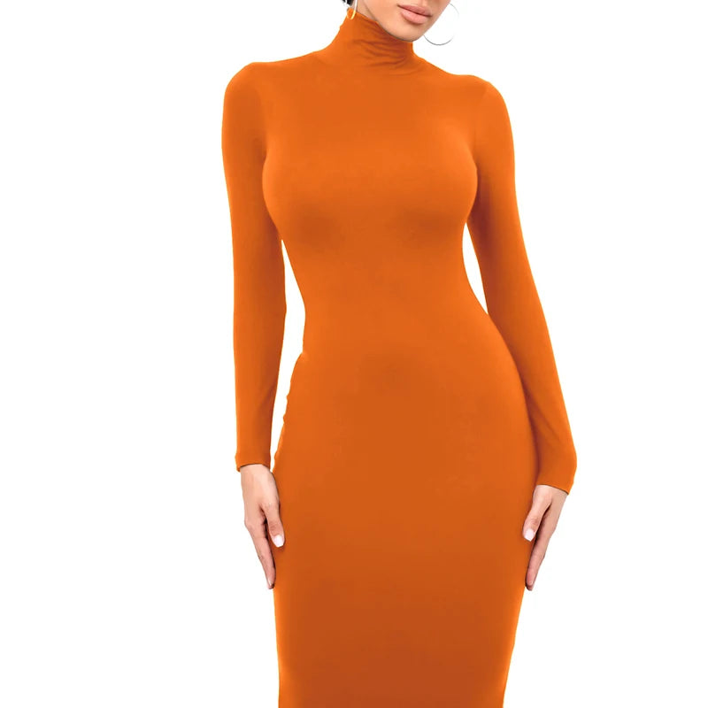 Winter Black Turtleneck Sexy Women Dress Autumn Long Sleeve Skinny Midi Boydcon Casual Blue Plush Knee-Length Party Club