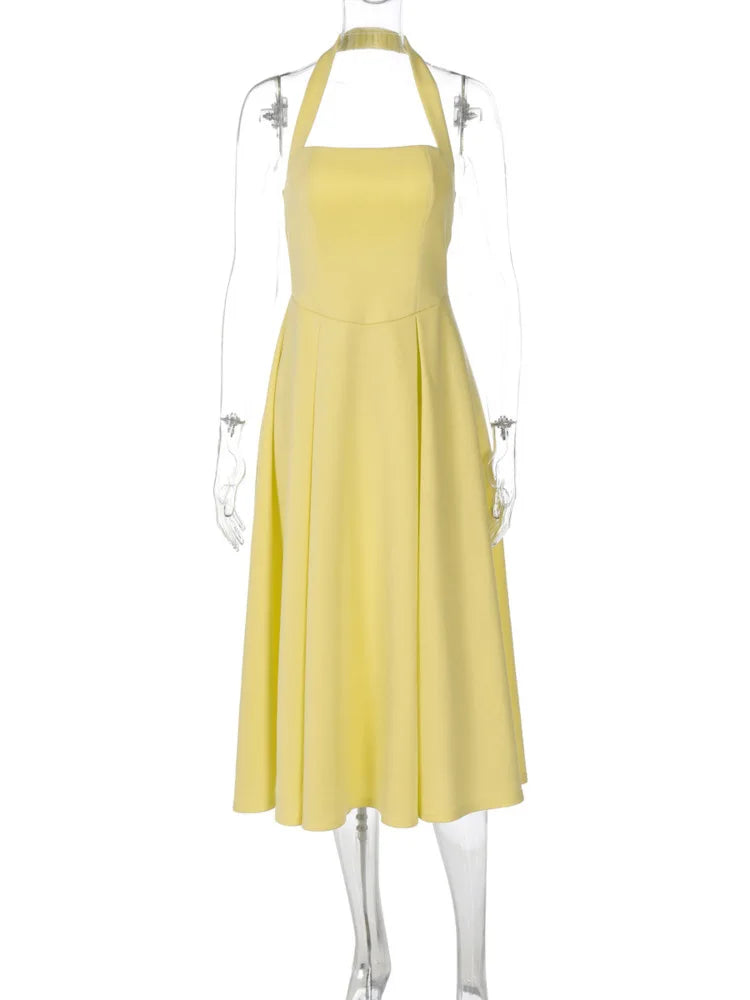 Mozision Halter Backless Sexy Midi Dress Women Fashion Solid Sleeveless High Waist A-line Club Party Pleated Long Dresses Female