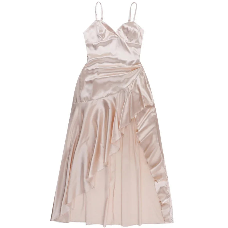 NIDANSSI Satin Ruffle Slim Backless Evening Party Dress Women Robes Bodycon Elegant Sexy Dress Midi Long Summer Dress Vestidos