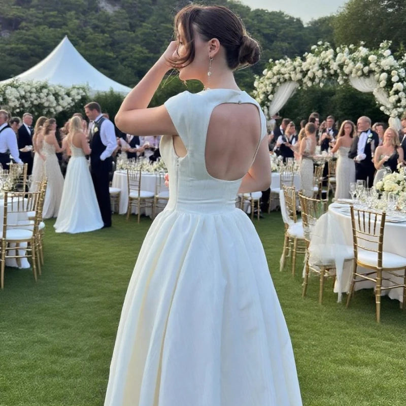 Suninheart Women Circle Cut Out Back Dress Wide Shoulders and Fitted Waist Prom Dress Fluffy Hem Midi Wedding Party Dresses