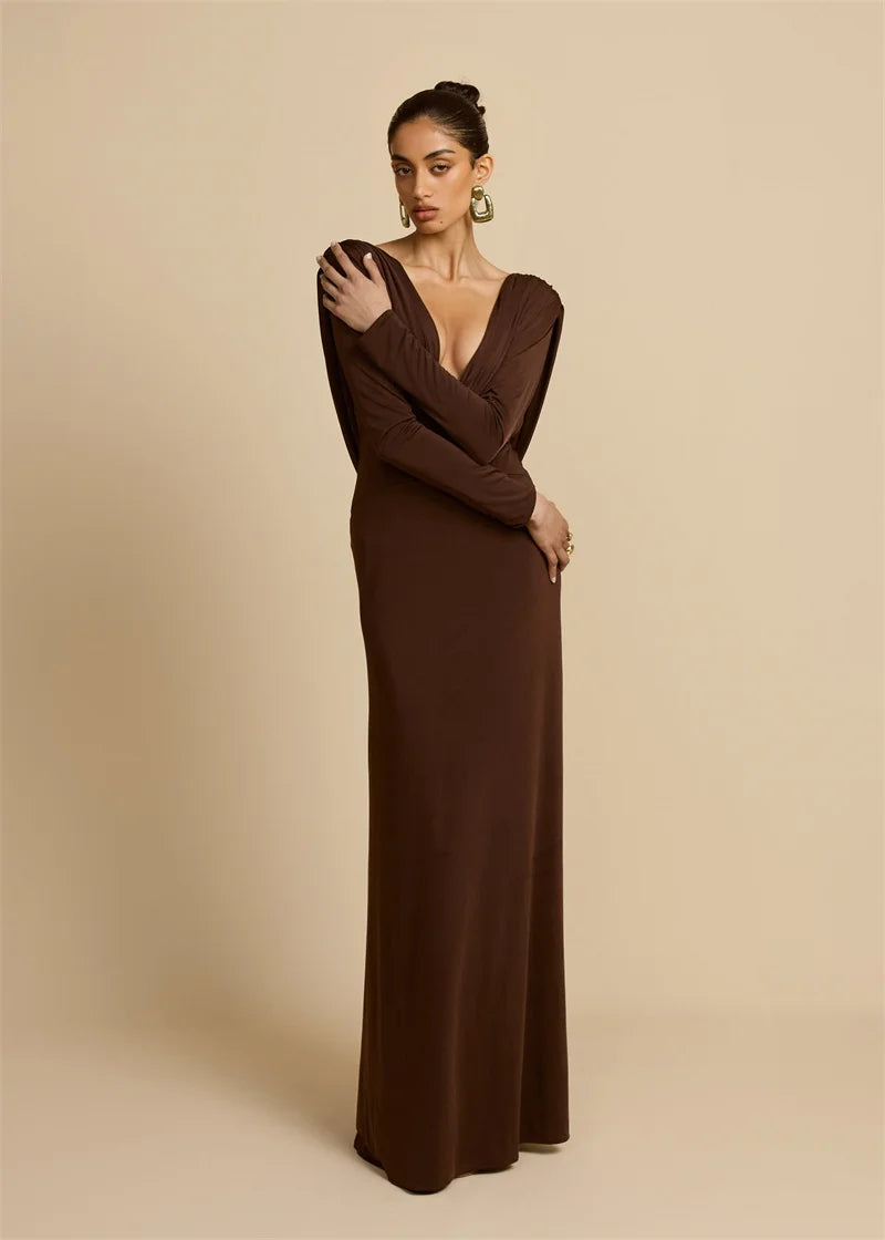 Mozision Elegant Deep V Neck  Backless Sexy Maxi Dress For Women Brown Long Sleeve High Waist Ruched Club Party Long Dresses