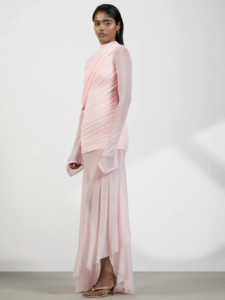 Sexy O Neck Mesh Patchwork Folds Long Dress Women Pink Long Sleeves Asymmetrical Folds Slim Dresses Evening Party Formal Gowns