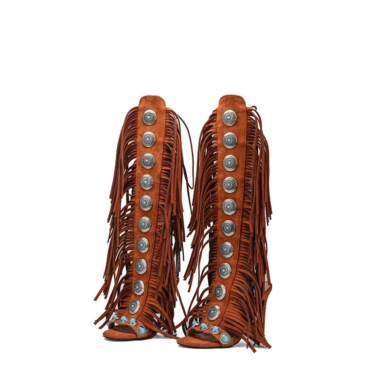 Sandalias Mujer  2025 Summer Women Sandals Peep Toe Sexy Lace Up Knee High Shoes Zapatos De Mujer High Heels