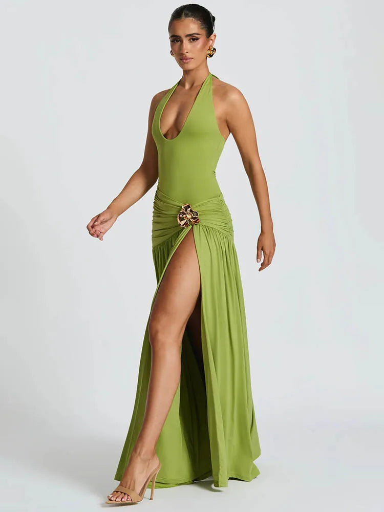 Mozision Elegant Backless Sexy Maxi Dress Set Women Halter Bodysuit And Maxi Skirt Matching Set Female Ruched Split Dress Sets