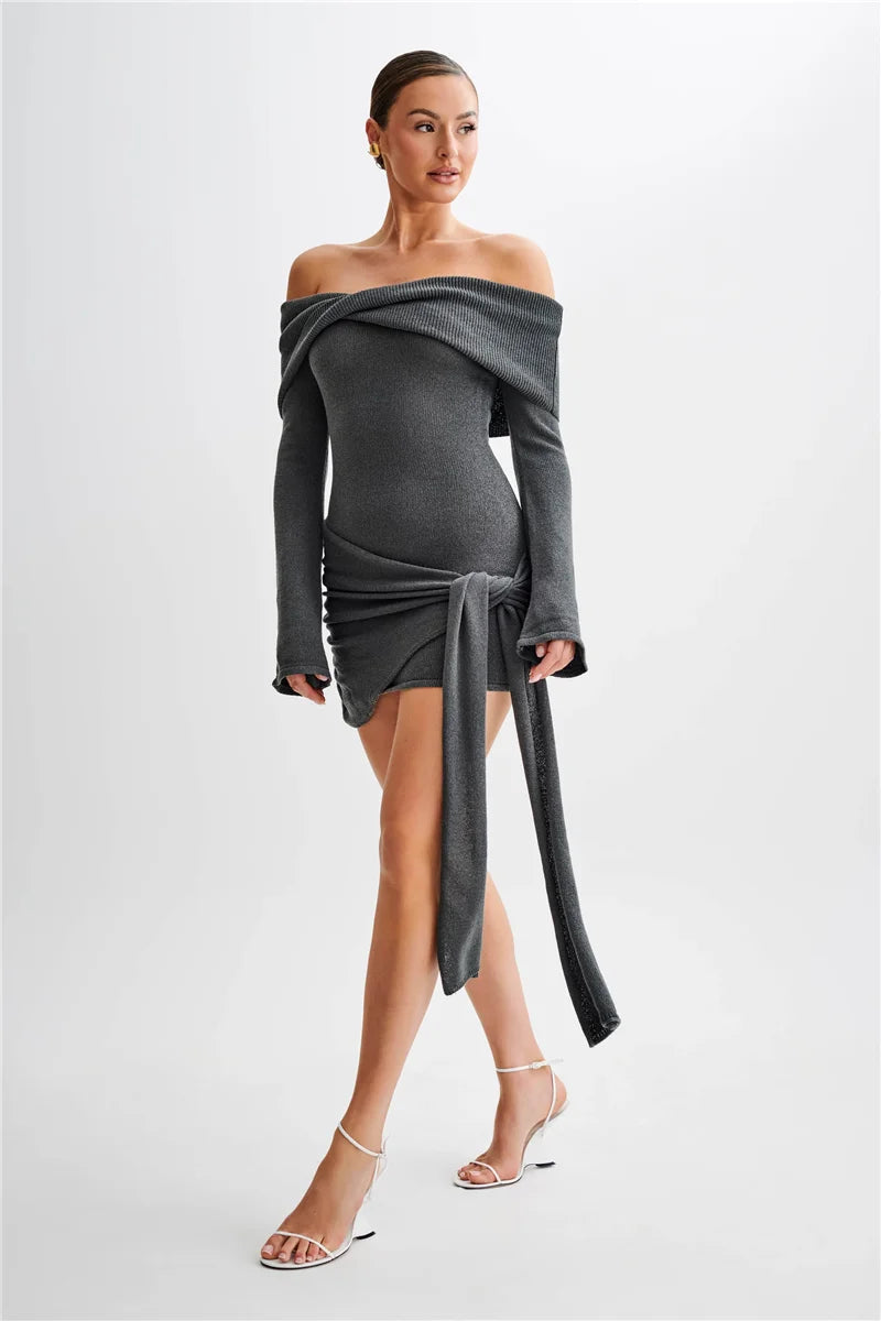 Mozision Off-shoulder Knit Mini Dress For Women Autumn Winter New Strapless Backless Long Sleeve Ruched Draped Knitted Dress